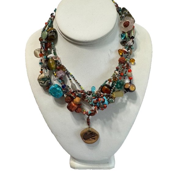 Artisan Jewelry - Vintage Multistrand Lampwork Veneitan Murano Beaded Necklace w/Hamsa Talisman